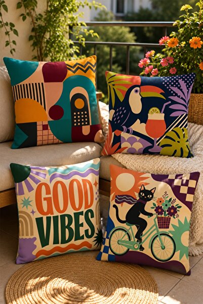 EVPANYA Cat and Parrot Patterned 4-Piece Throw Pillow Cover Set