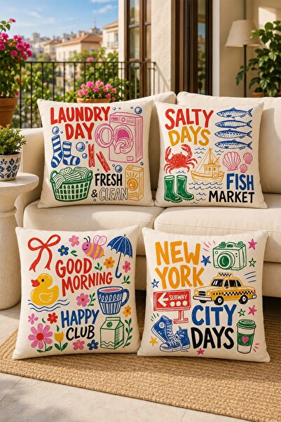 EVPANYA Popart Icons Patterned 4-Piece Throw Pillow Cover Set