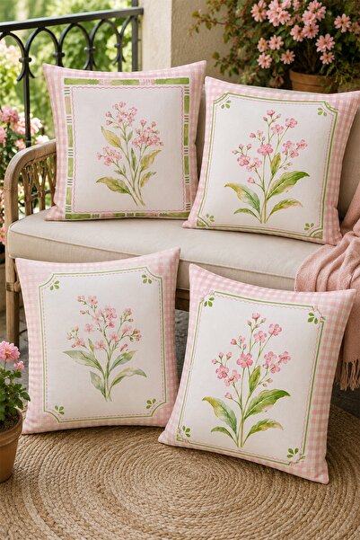 EVPANYA Pink Flowers Patterned 4-Piece Throw Pillow Cover Set