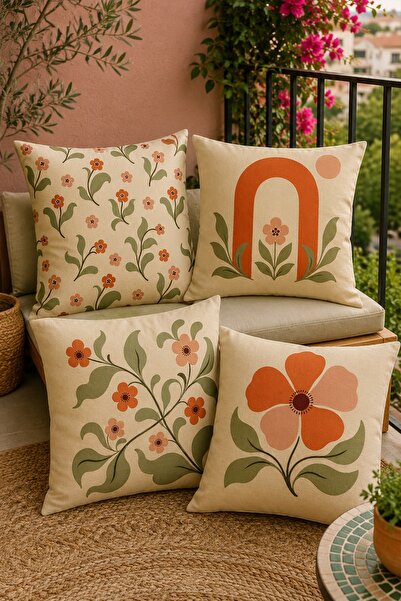 EVPANYA Green Leafy Flowers Patterned 4-Piece Throw Pillow Cover Set