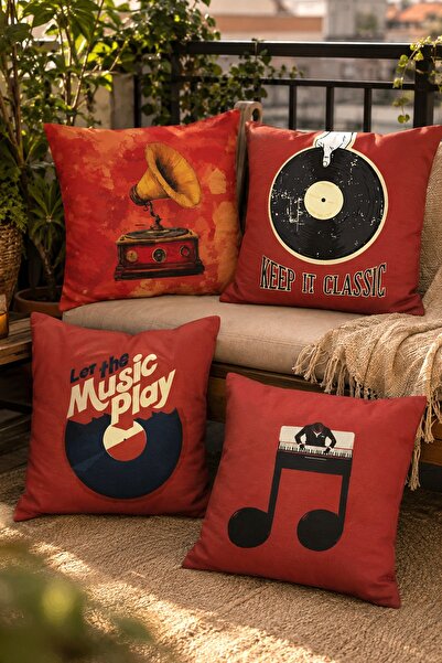 EVPANYA Cream Color Music and Record Patterned 4-Piece Throw Pillow Cover Set