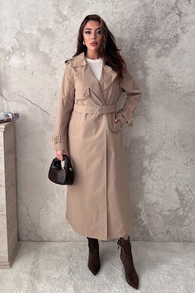 Elbee Fashion Woman Μπεζ μακριά καμπαρντίνα με κουμπιά