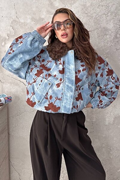 Elbee Fashion Woman Blue Embroidered Denim Jacket