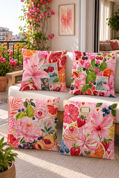 EVPANYA Set of 4 Pink Flowers and Fruits Patterned Throw Pillow Covers
