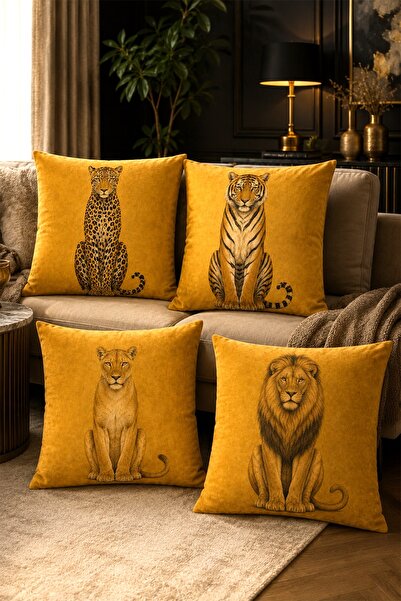 EVPANYA Yellow Leopard, Tiger, Lion Patterned 4-Piece Throw Pillow Cover Set