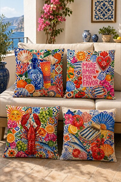 EVPANYA Seafood Lover Patterned 4-Piece Throw Pillow Cover Set