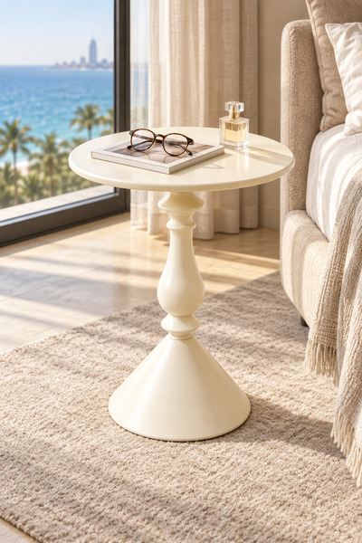 JIYUANG Cream White Round Side Table, Vintage Pedestal End Table with Sculptu...
