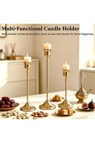 Home Zone 3-Piece Gold Candlestick Holder, Different Sizes for Wedding Center...