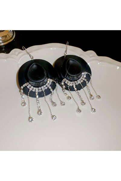Choice Black Creative Cowboy Hat Drop Dangle Earrings For Women Shiny Rhinest...