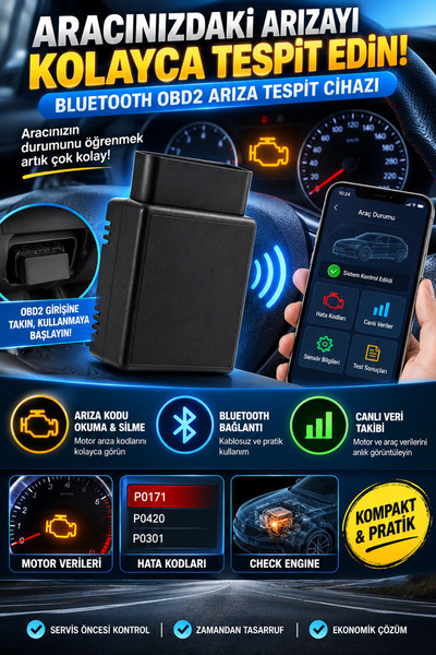 Hane Dostu Bluetooth OBD2 Araç Arıza Tespit Cihazı – Motor Hata Kodu Okuma Si...