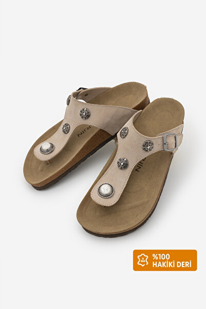 Marjin Women's Genuine Leather Eva Sole Buckle Flip Flops Vezon Beige Suede S