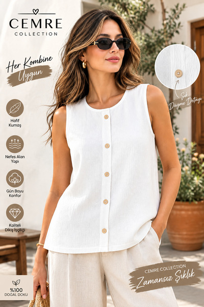 Cemre Collection Strappy Blouse with Button Details in Crinkled Fabric