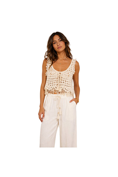 doneel Women’s White Crochet Tie-Front Fringe Crop Top
