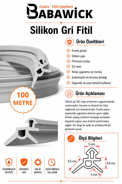 BABAWİCK Silikon Fitil Gri Renk Conta Dayanıklı Tamir Fitili 100 Metre