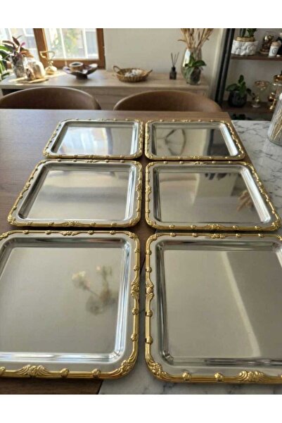 RoyalDecorHome Paslanmaz Çelik Kare 6 Adet Kenarı Gold Desenli Çay Kahve Sunu...