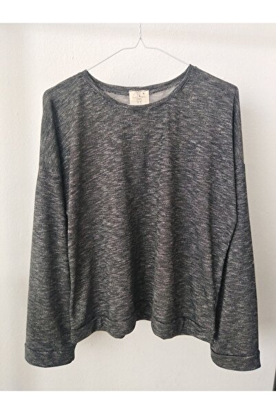 Yumuşacık ince triko düşük uzun kollu oversize geniş bisiklet yaka salaş antrasit sweatshirt
