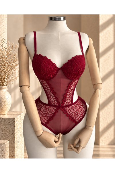 Bordo Dantel Tül Balenli Bodysuit