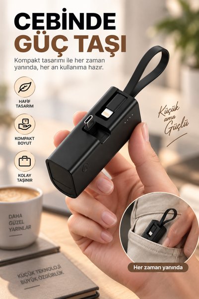 asua 5000 mAh Mini Powerbank – Dahili Lightning Kablolu ve USB-C Konnektörlü ...