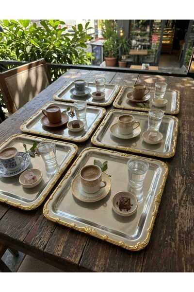 RoyalDecorHome Stainless Steel Square 6-Piece Tea and Coffee Presentation Tray with Gold Patterned Edges
