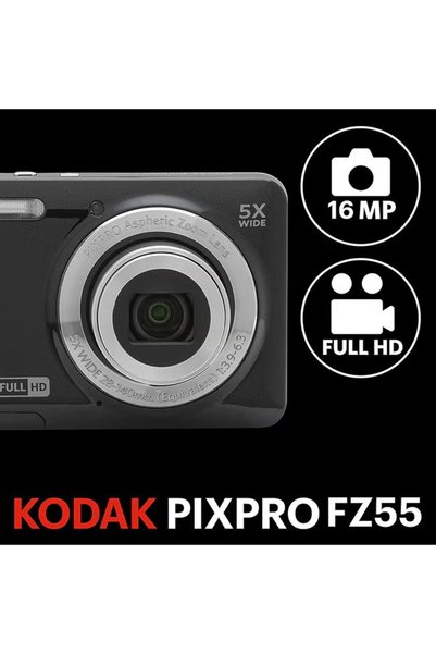 Kodak كاميرا رقمية PIXPRO Friendly Zoom FZ55-BK بدقة 16 ميجابكسل مع تكبير بصري 5x وعدسة واسعة الزاوية 28 مم وشاشة LCD مقاس 2.7 بوصة
