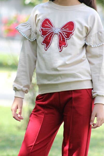 BD FASHIONS Kız Çocuk Fırfır Detaylı Sweatshirt ve Geniş Paça Pantolon 2'li E...