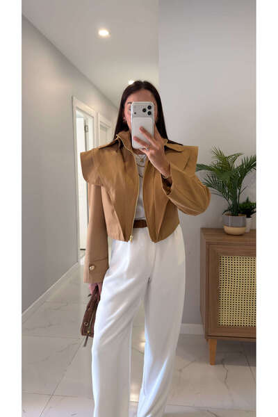 BİRCANÇİL Sidose Camel Vatkalı Fermuarlı Crop Ceket