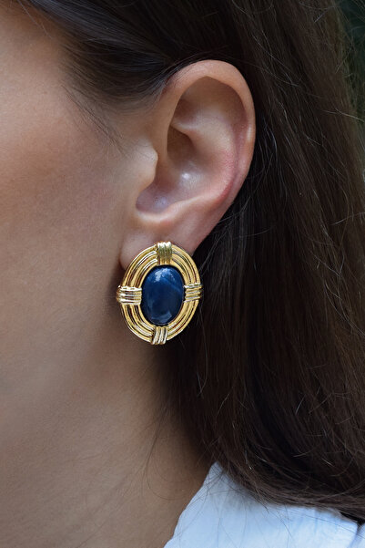 Lacivert Taşlı Oval Küpe