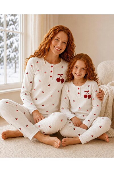 Tarık Women's Cherry Embroidered Mother Daughter Long Sleeve Camisole Seasona...