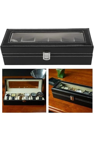 Generic Brand 6 Slots Wooden Watch Box With Transparent Window PU Leather Case For Display Storage