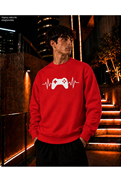 caddekombin Men's Gamepad and Heartbeat Stripe Detailed Crew Neck Casual Regu...