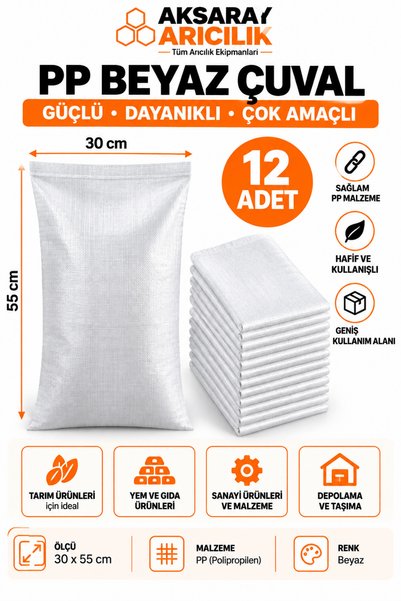 Aksaray Arıcılık Beyaz Çuval 30x55 cm 12 Adet Kargo ve Paketleme Çuvalı