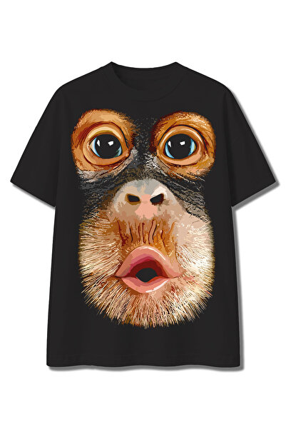 WİDİ Komik Tasarımlı Maymun Baskılı Unisex %100 Pamuk Oversize T-Shirt