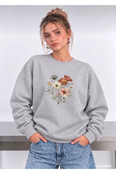 FUFLUNS Flower Printed Oversized Women's Crewneck Sweatshirt