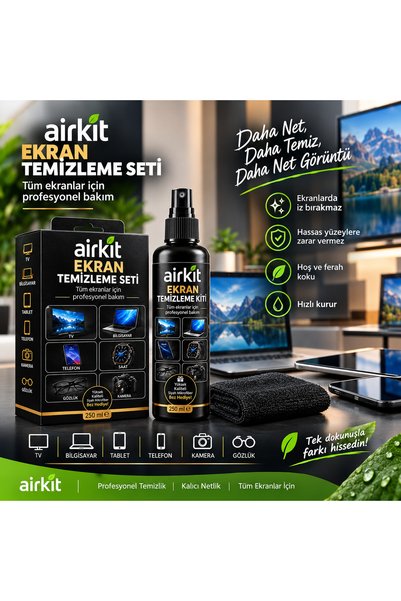 Airkit Ekran Temizleme Spreyi Seti 250ml (MikroFiber Bez HEDİYE) Televizyon, ...