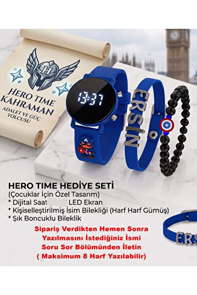 Ct Led Erkek Çocuk Saati + İsme Özel Bileklik + Figürlü Doğal Taş Bileklik Ko...