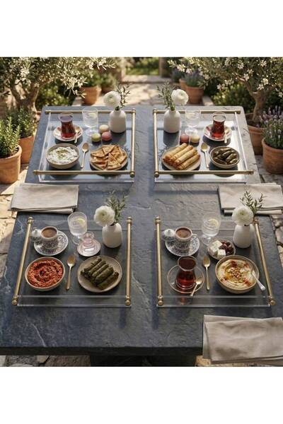 CHICS HOME Chıcs 4 ADET Kristal Mika Sunum Tepsisi-Pirinç kaplama metal kulpl...