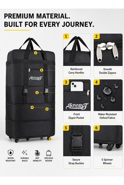 Pomefar Foldable Expandable Rolling Duffel Bag, 3-Layer Adjustable Luggage with 5 Spinner Wheels, Water-Resistant for Travel & Moving
