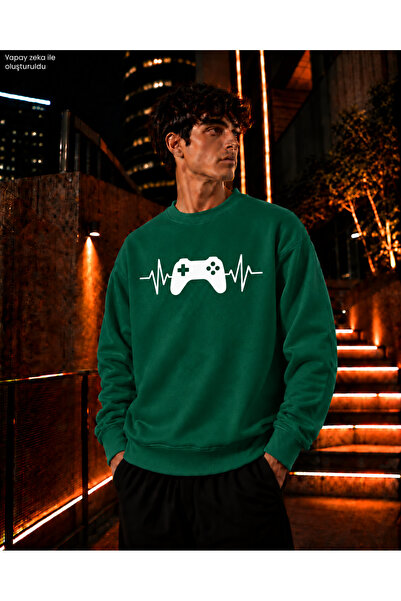 caddekombin Men's Gamepad and Heartbeat Stripe Detailed Crew Neck Casual Regu...