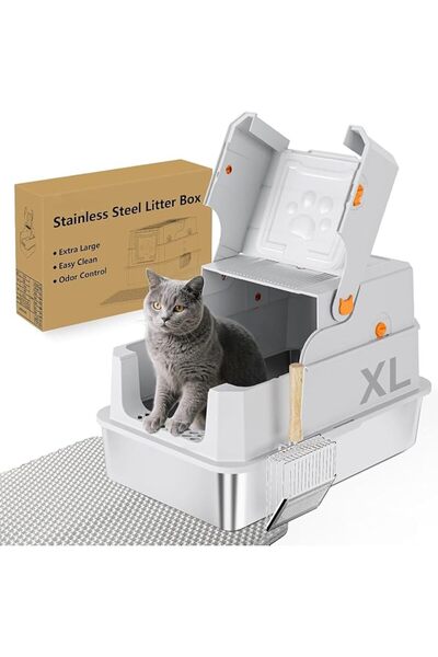 Guintray-bo Stainless Steel Cat Litter Box with Lid, Large Covered Enclosed K...