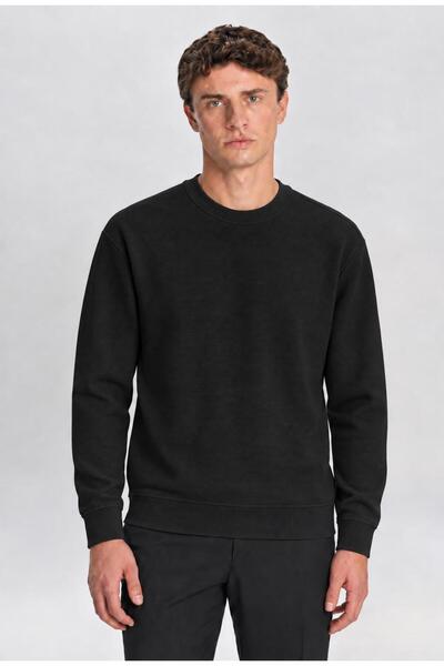 TENA Men's Black-Claret Red Crew Neck Ottoman Sweatshirt