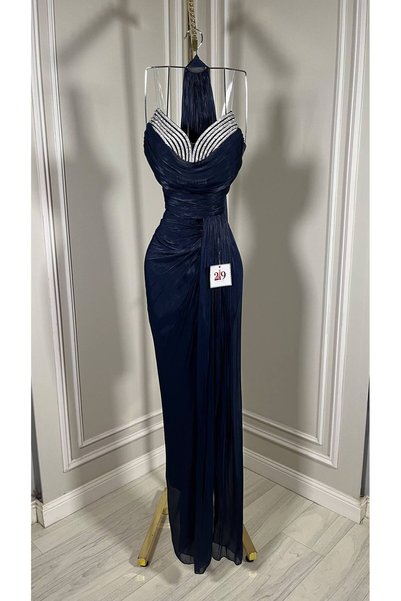 Boutique 219 Navy Blue Evening Gown, Three-Dimensional Draped, Crystal Embellishment, Halter Neckline, Elegant and Luxurious