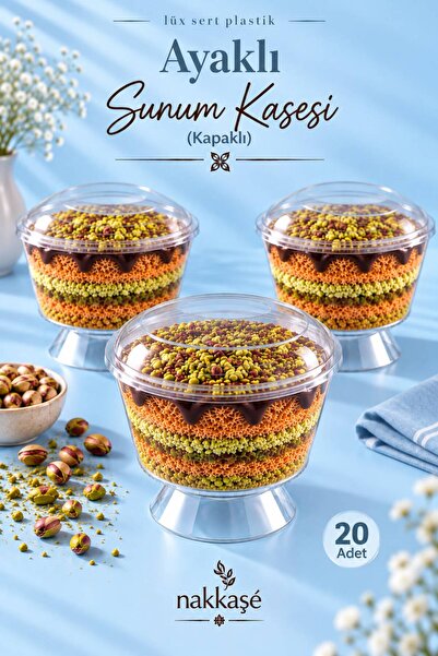 nakkaşé 20'Lİ KAPAKLI Lüx Sert Plastik Kase Ayaklı Magnolia Tatlı Sunum Barda...