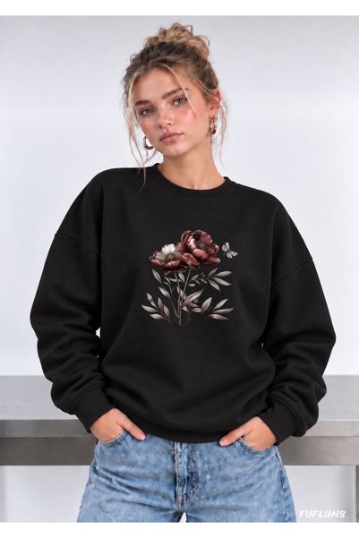 FUFLUNS SWEATSHIRT DE DAMĂ SUPRADimensionat, CU GULER ROTUND, CU IMPRIMEU FLU...
