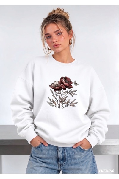 FUFLUNS Butterfly Flower Printed Oversized Women's Crewneck Sweatshirt