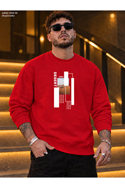 caddekombin Men's Geometric Rectangular Framed and Desert Written Crew Neck C...