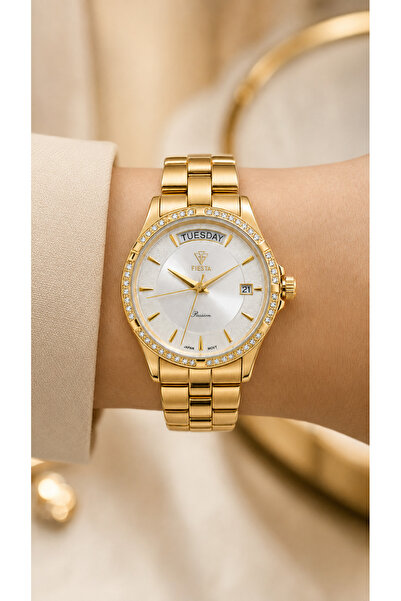 Fiesta Women's Stone Day-Date Display Metal Strap Wristwatch with 2 Year Warr...