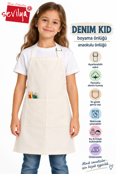 sevilya Denim Kid Denim Kumaş Boyama Önlüğü Resim Önlüğü Anaokulu Önlüğü Çocuk Kot Mutfak Önlüğü