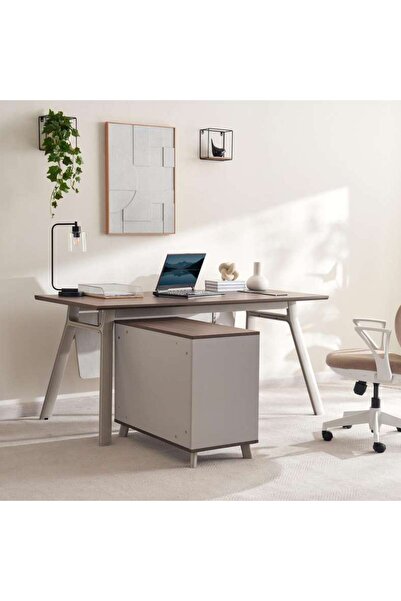 PAN HOME Brooke Office Desk With Side Cabinet Melamine Small - Walnut Grey