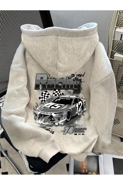 MITHRAS OUTDOORS Unisex Gray Racing Back Printed Hooded Sweatshirt Printed Pr...