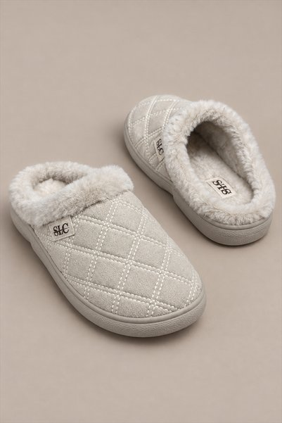 Platana Women's Beige Quilted Fur Lined Winter House Slippers – Casual Comfortable Slippers